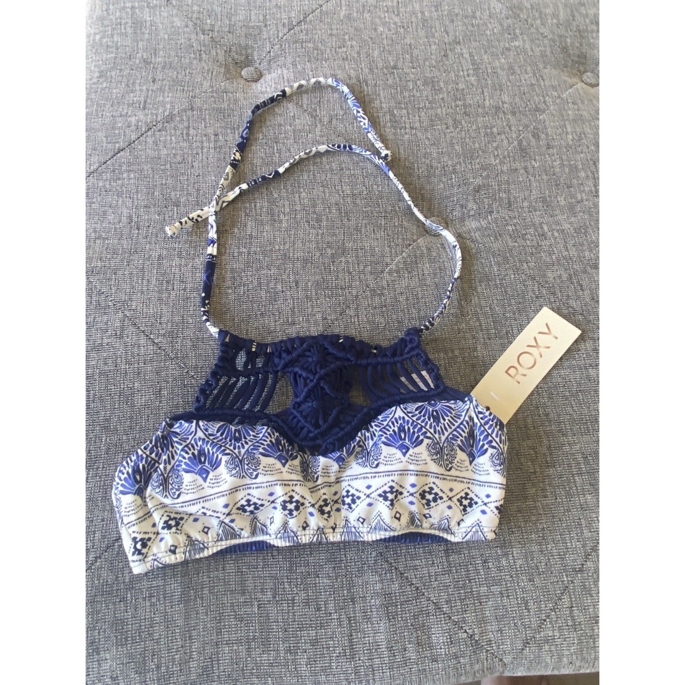 Roxy High-Neck Macrame Halter Bikini Crop Top Blue White Geometric‎ Sz S NWT $64